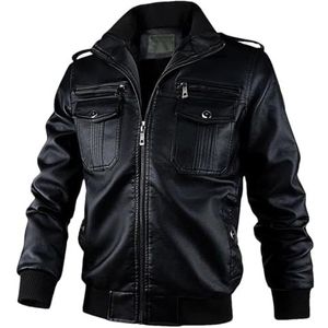 YTR6TW Mannen Herfst Winter Mode Lederen Jas Mannen Motorfiets Biker Warm Windscherm PU Lederen Jas Mannen Outerwea, Zwart, XL