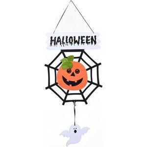 Feestelijk Halloween spinnenweb deurbord met grillige vleermuizen, pompoendecoratie en komische festivalornamenten voor voordeur of muur display