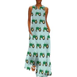 Green Tractor dames enkellengte jurk slim fit mouwloze maxi-jurk casual zonnejurk 2XL