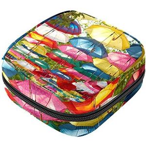 Maandverband Opbergtas, Vrouwelijke Product Pouches Draagbare Periode Kit Tas voor Meisjes Vrouwen Dames Kleurrijke Paraplu Print, Meerkleurig, 4.7x6.6x6.6 in/12x17x17 cm