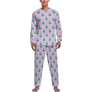 Groene Alien Head Zachte Heren Pyjama Set Comfortabele Lange Mouw Loungewear Top En Broek Geschenken 2XL