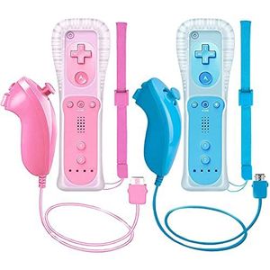 ZeroStory 2 Packs Draadloze Controller en Nunchuck voor Wii en Wii U Console, Gamepad met Siliconen Hoesje en Polsband (Roze en Blauw)