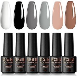 ROSALIND UV Nagellak, 6 kleuren Mini Gel Nagellak Wit Zwart Naakt Bruin Soak Off French Manicure voor Vrouwen Moeder Geschenkset DIY at Home