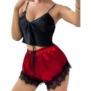 LoprNsdgt Dames Sexy Zijden Satijnen Pyjama Sets Mouwloze Tops En Kant Trim Shorts Sets Slaapkleding,Rood,L