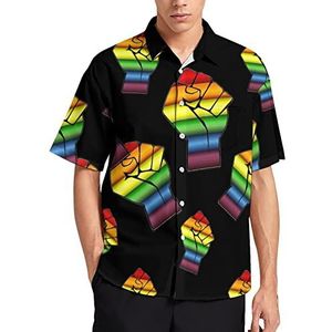 Gay Protest Fist met Regenboog Vlag Hawaiiaans shirt voor mannen Zomer Strand Casual Korte Mouw Button Down Shirts met Zak