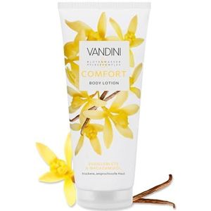 VANDINI COMFORT Body Lotion voor dames, 200 ml, met vanillebloesem en macadamia-olie, bodylotion voor droge, veeleisende huid, veganistisch, zonder parabenen en siliconen, Made in Germany