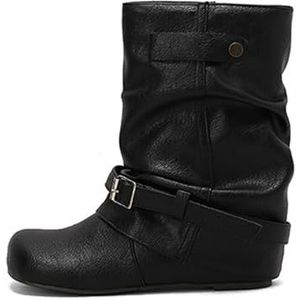 Retro Western Cowboylaarzen For Dames Brede Schacht Ankle Boots PU Leren Enkellaarsjes Instapschoenen Met Lage Hak 2025 Dames Enkelschoenen Met Metalen Gesp, 35-43EU(Black,43 EU)