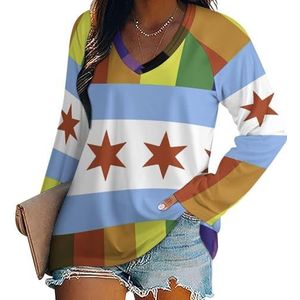Chicago Pride Flag Regenboog Strepen Dames Lange Mouw V-hals T-shirts Herfst Tops Trui Tuniek Tee voor Leggings