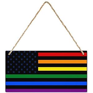 AmericaLGBT Gay Pride regenboog vlag houten bord gepersonaliseerde houten plaquette muurkunst met touwen voor thuiskantoor decor 25 x 12,5 cm