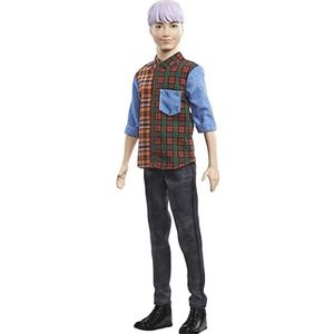 Mattel - Barbie Ken Fashionista, with Sculpted Purple Hair Wearing A Color-Blocked Plaid Shirt, Black Denim Pants & Boots