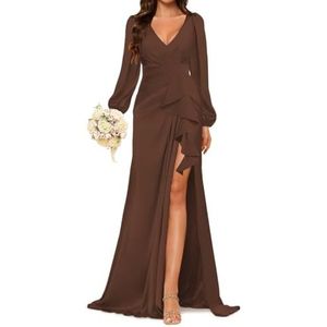 Prinses Bruidsmeisje Jurken Lange Mouw Galajurken V-hals Satijn Formele Avondfeest Maxi Jurk ZM198, Bruin, 32