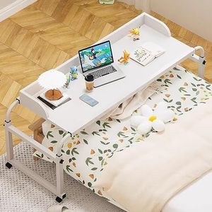 Bedtafels Bovenbedtafels, 115-210cm Verstelbare Mobiele Laptop Studiebureau voor Werken Dineren Lezen Schrijven Draagbaar Handig Lezen Schrijfbureau voor Twin/Full/Queen/Kingsize Bedframe(Color:Wit)