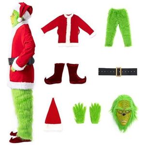 7-Delig Kerstmankostuum Voor Heren, Kerstgroen Groot Monster Harig Kostuum, Kerstoutfit, Feestpak Met Groen Monstermasker, Kerstmuts En Handschoenen Voor Kerstmis, Cosplayfeest M