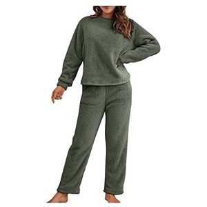 Huispak Fleece Dames Donzig Teddy Pluche Gevoerd Winter Elegante Kledingset Tweedelig Dames Warm Vrijetijdspak 2-delig Tops En Broeken Met Lange Mouwen(Green,XL)