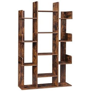 VASAGLE boekenkast, vormige boekenplank in de vorm van een boom, staande plank met 13 vakken, opbergrek, 86 x 25 x 140 cm, met afgeronde hoeken, vintage bruin LBC67BXV1