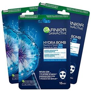 Garnier Skinective Hydra Bomb Mask Mask Night In Super Moisturizing Fabric Vegan Formule met Fiordaliso en Hyaluronzuur met regenererend effect voor vermoeide en gevoelige huid - 3 wegwerpmaskers