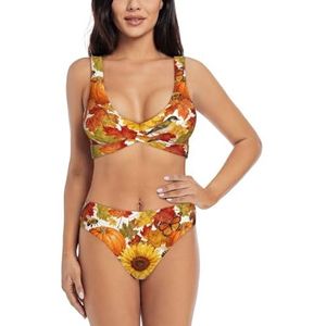 Zelinge Bikinitop met wikkelvoorkant en hoge taille onderaan, zomerzwempak met hoge taille, S-2XL, Herfst Zonnebloem Pompoenen, S