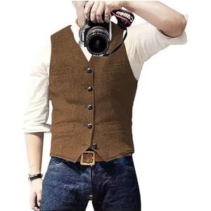 Solovedress Casual wollen vest met visgraatpatroon voor onder pak, v-hals, tweedvest voor bruiloft, groomsmen, bruin, S