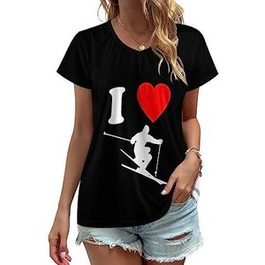 I Love Ski Dames V-hals T-shirts Leuke Grafische Korte Mouw Casual Tee Tops 4XL