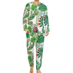 Cactus met oranje bloemen comfortabele heren pyjama set ronde hals lange mouwen loungewear met zakken 2XL
