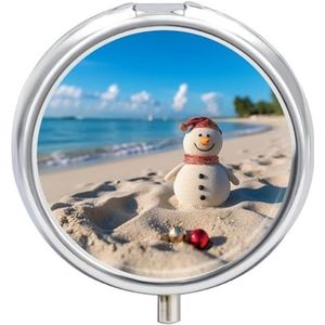 Zand Sneeuwpop Op Strand Pillendoos Ronde Draagbare Pil Organizer Waterdichte Dagelijkse Vitamine Houder Dozen Creatieve 3 Compartiment Geneeskunde Pil Case voor Portemonnee Of Pocket