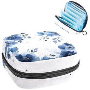 Opbergtas voor maandverband, aquarel marineblauwe bloemen bloemen draagbare menstruatiemiddel tas, inlegkruisjes tampons maandverband opberghouder voor vrouwen, school, kantoor
