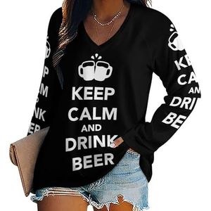 Keep Calm And Drink Beer Dames Casual Lange Mouw T-shirts V-hals Gedrukt Grafische Blouses Tee Tops 3XL