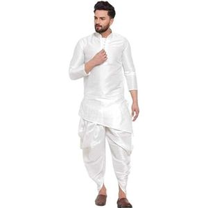 Lakkar Haveli Mannen indiase traditionele witte shirt Kurta Trail Cut bruiloft party wear wit Dhoti Pant Set Zijde, Wit, S