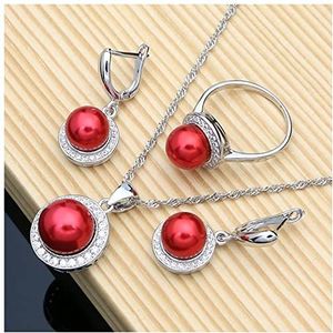 Oorbellen Bruid zilver 925 sieraden sets for vrouwen witte parel bedelarmband oorbellen ring ketting sets for bruiloft verjaardagscadeau Oorbellen voor dames (Color : Red 3 pcs, Size : 7)