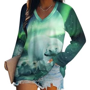 Northern Lights Polar Bear dames casual T-shirts met lange mouwen V-hals bedrukte grafische blouses T-shirt tops S