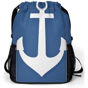 BVNMT Trekkoord Rugzak Sport Gym Zwemmen Tas met Schoenen Compartiment Nautische Wit Anker Patroon Stuff Sack, Nautisch wit anker patroon, 45.5x41.5x36cm