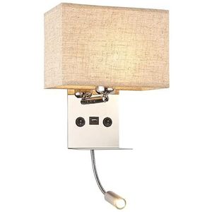 Led-wandlamp, modern, warmwit, wandlamp, USB-aansluiting, verstelbare slang, leeslamp, bedlampje met schakelaar, slaapkamer, nachtlampje, stoffen kap, binnen wandverlichting, leeslamp, A