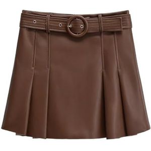 KWISUAWHGA Dames Pu Leren Geplooide Rok Met Middelhoge Taille Casual Vintage Trendy Imitatieleer Y2k A-Lijn Rokken Met Riem,Bruin,L
