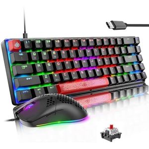 LexonElec MK14 65% Gaming Toetsenbord en Muis Mechanische Rode Switch Type c RGB LED Verlicht met Pijltoetsen Keyboard 12000 DPI Regenboog Licht op Honeycomb Mouse Ergonomie voor PC MAC Zwart