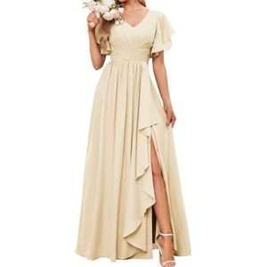 Korte Mouwen Bruidsmeisjesjurken voor Bruiloft Geplooide Chiffon Formele Avondfeest Maxi Jurk met Split AH152, Champagne, 32