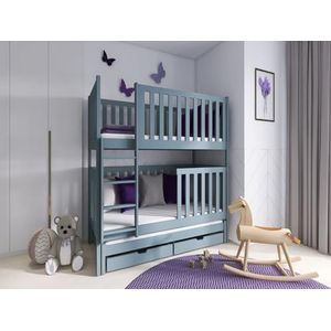 thematys EMILKA Hoogslaper stapelbed 90 x 200/80 x 180 cm, wit, grenenhout met extra bed, 2 laden en flexibele berkenlatten, kinderbed voor 3 personen (grijs 80 x 180 cm)