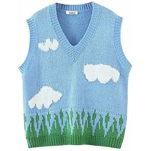 Jersey Tanktops Dames,Vrouwen Gebreide Trui Vest Mode Lichtblauw Witte Wolken En Gras Patroon V-Hals Herfst Winter Losse Mouwloze Jumper Gilets Truien Gebreide Tank Top Cami Vest Blouse