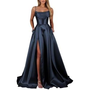 KIYNE Satijnen galajurken voor dames met steekzakken en spaghettibandjes, lange formele avondjurk, Donkerblauw, 32