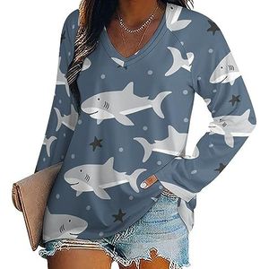 Grappige Baby Haaien Vrouwen Casual Lange Mouw T-shirts V-hals Gedrukt Grafische Blouses Tee Tops S