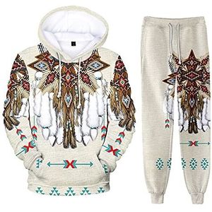kewing Native Indian Hoodie Unisex Trainingspak, 2-delige set, lange mouwen, dames en heren, hoodie + joggingbroek 3D-bedrukte sportkleding, Stijl 11, XL