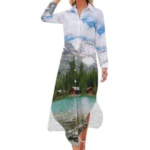 Canada Ohara Lake Yoho National Park met bergen natuur landschap kunst foto vrouwen maxi-jurk lange mouw knoop overhemd jurk casual feest lange jurken 4XL