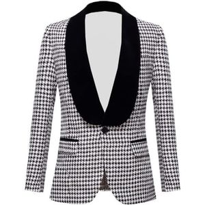 Leader of the Beauty Houndstooth Dogstooth Plaid Slim Fit Tuxedo Prom Bruiloft Bruidegom Suits Set Jas Blazer Broek Party Jas, Zwart+wit-2, XS
