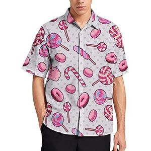 Roze Snoepjes met Harten Hawaiiaans Shirt Voor Mannen Zomer Strand Casual Korte Mouw Button Down Shirts met Zak