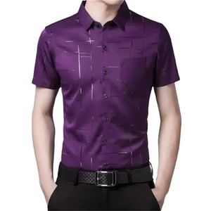 Dvbfufv Mannen Mode Korte Mouw Print Knopen Formele Shirt Mannelijke Bruiloft Enkele Breasted Turn-Down Kraag Slanke Shirt Tops, Paars, L