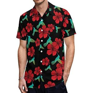 Kolibrie En Rode Hibiscus Bloem Heren Hawaiiaanse Shirts Korte Mouw Casual Shirt Button Down Vakantie Strand Shirts 5XL