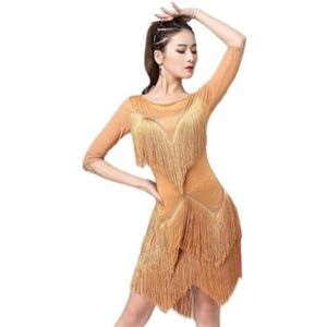 Yhsgscr Dames Latin Dansjurken met middellange mouwen Cha Cha Danskleding met kwastjes Danskleding voor rumba en samba Met strass Ronde hals Ballroomkleding,Goud,3XL