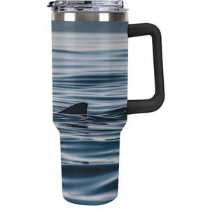 STVNKML 40 oz beker met handvat haaienvin water roestvrijstalen koffiemok herbruikbare reismok lekvrije geïsoleerde autobeker grote capaciteit beker voor reizen, buiten, thuisgebruik (zwart)