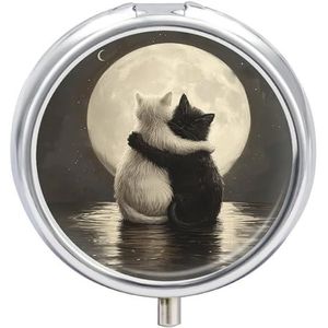 Kattenknuffelpillendoos 3 compartimenten reispillenorganizer 3 keer per dag schattige mini-pillenhoes voor portemonnee en zak, draagbare metalen medicijndoos met spiegel, ronde dagelijkse medicijndoos
