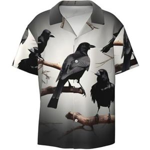 OdDdot Zwarte kraai vogels op een tak print herenoverhemden atletisch slim fit korte mouw casual zakelijk overhemd met knopen, Zwart, XXL