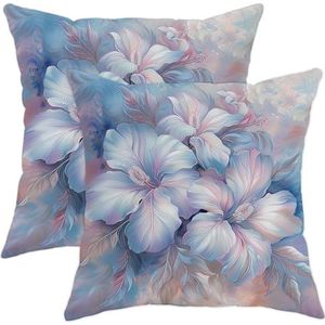 Set van 2 kussenslopen moderne bloem bloem luxe blad elegant mooi roze blauw decoratieve kussenslopen mode stoel kussenslopen, voor meubels, terras, kantoor, 45x45cm